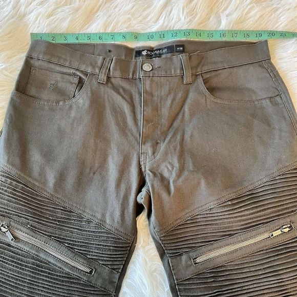 ROCAWEAR Mens Jeans Moto Urban Streetwear Slim Fit Denim Pleats Green‎ 39 x 31 - Picture 7 of 9